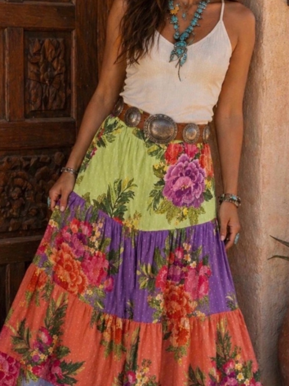 FARM Rio Colorblock Floral Tiered Maxi Skirt in Purple, Coral & Lime
